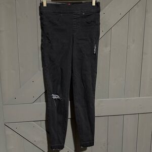 Spanx Jeans Women's Black Dark Wash Skinny Distressed Fringe Stretch Denim